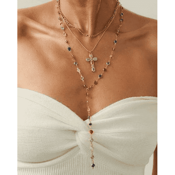 VNOX Layered Cross Necklace for Women18K Gold Plated Stackable Pendant Necklace Vintage Colourful Crystal Long Clavicle Chain Boho Beach Fashion Jewellery
