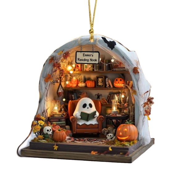 Adorno colgante de Halloween de Fantasmas Leyendo | Adorable decoración encantada para el hogar | Faroles, detalles de gato negro | Colgante festivo caprichoso | Decoración versátil para árboles de