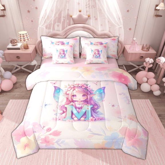 Feelyou Teen Kawaii Fairy Twin Bedding Sets 7-Piece, Initial M Letter Bedding Comforter Set, Fairy Tale Princess Reversible Sheet Sets, Luxury Bedroom Decor