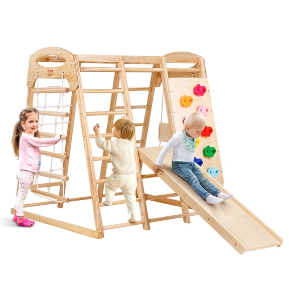 VEVOR Indoor Jungle Gym, 7-in-1 Toddler Indoor Playground, 43 x 47.2 x 47 inch, with Wood and Rope Ladder, Net Ladder, Swing, Monkey Bar, Slide, Climbing Wall, Wooden Indoor Climbing Toys for Kids