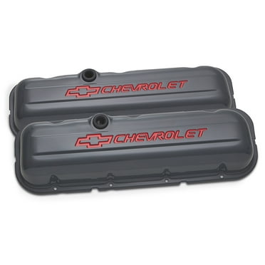 Proform 141-889 Engine Valve Covers; Stamped Steel; Stock; Shark Gray; w/ Bowtie Logo; BB Chevy