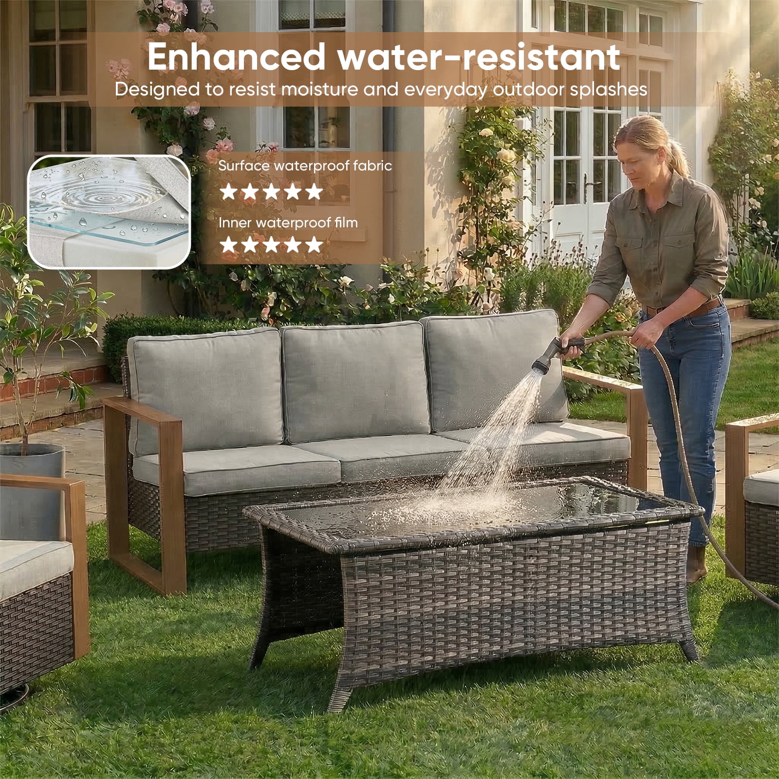 Luxury 5 Pieces Patio Furniture Sets with 50000BTU Propane Fire Pit Table,Outdoor Deep Seating Conversation Set with 4 Swivel Glider Patio Chair for Porch Backyard Balcony