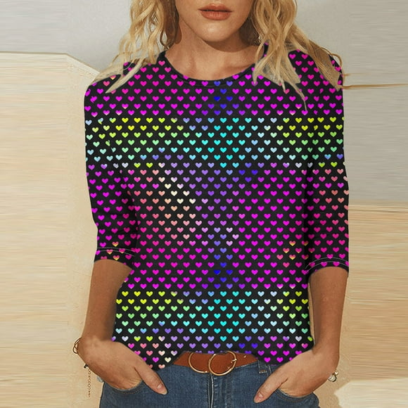 Sijiajgjfu Plus Size Valentines Day T Shirts for Women 3D Print Heart Graphic Tunic Tops 3/4 Sleeve Crew Neck Causal Loose Fit Tees Deals Multicolor XXXXXL