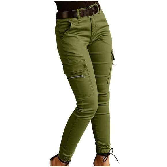 Women's Mid Waist Skinny Casual Pants Jogger Motorcycle Cargo Pants Slim Fitted Stretchy Trousers with Flap Pockets