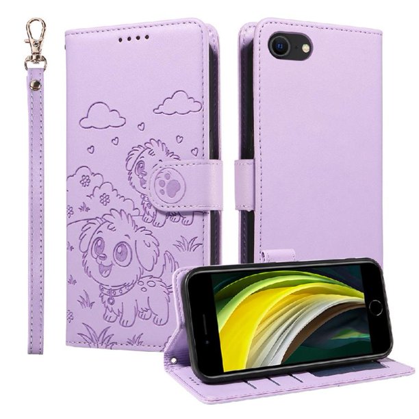 Funda Cartera GANGXUN con Diseño de Perrito en Relieve para iPhone 7/8 , Protección 360° con Ranuras y Correa Desmontable