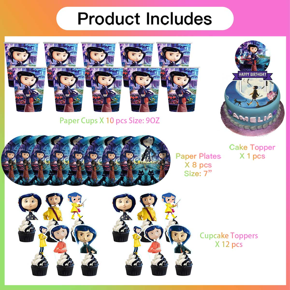 Coraline Birthday Cups Party Supplies Plates Fans Decorations Cake Topper Decor