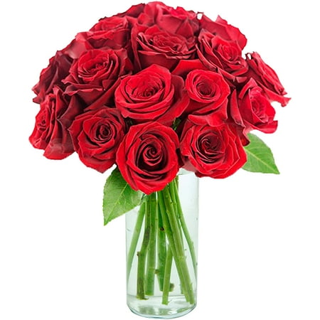 Arabella Farm Direct Bouquet of 18 Fresh Cut Red Roses with a Free Glass Vase