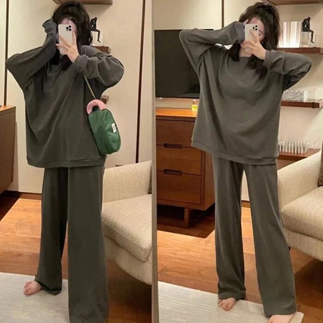 Conjunto de pijama de manga larga para mujer, de 2 piezas ropa de dormir, lisa, informal, pantalón largo de cintura suelta, para estudiantes