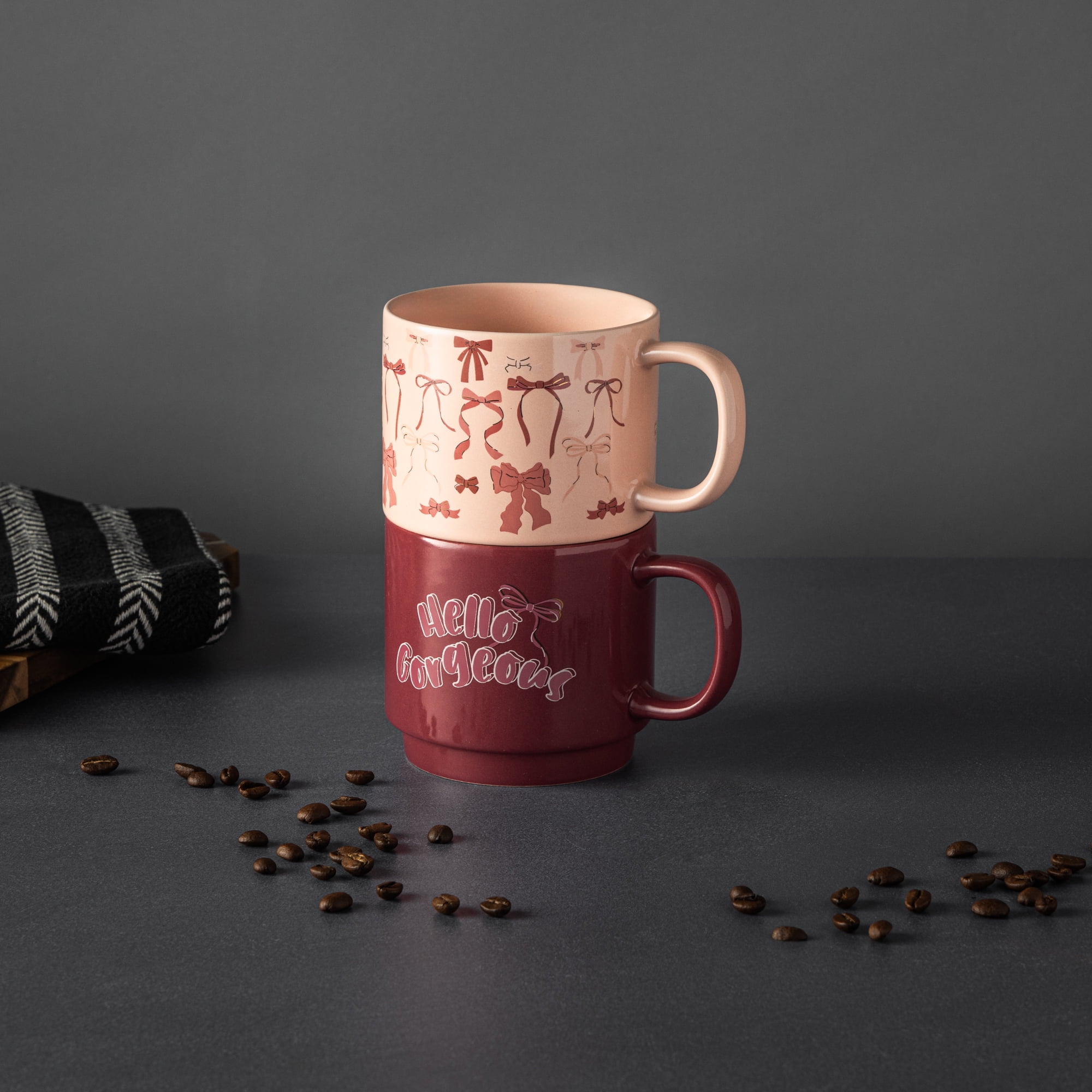 Thyme & Table 2 Pack Stacking Hello Gorgeous and Pink Bows Mugs 14.2 fl oz, Stoneware