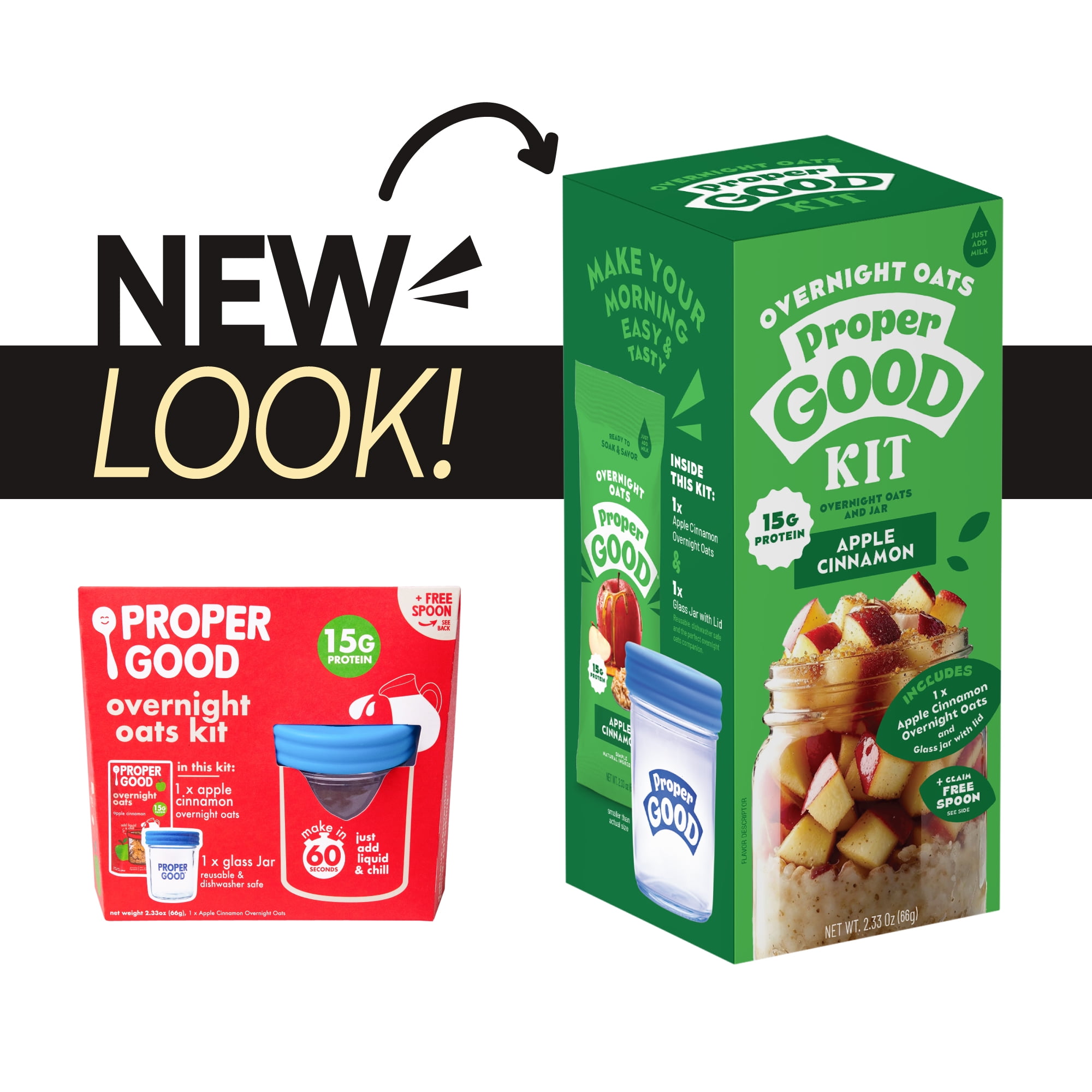 (4 pack) Proper Good Apple Cinnamon Overnight Oats Kit, 15g Protein, Shelf-Stable, 2.33 oz Packet, Glass Jar