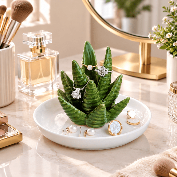 Ring Dishes for Jewelry, Glazed Ceramic Cactus Ring Holder Tray, 5.12-Inch, 1-Piece Trinket Organizer for Vanity, Bedroom and Bathroom