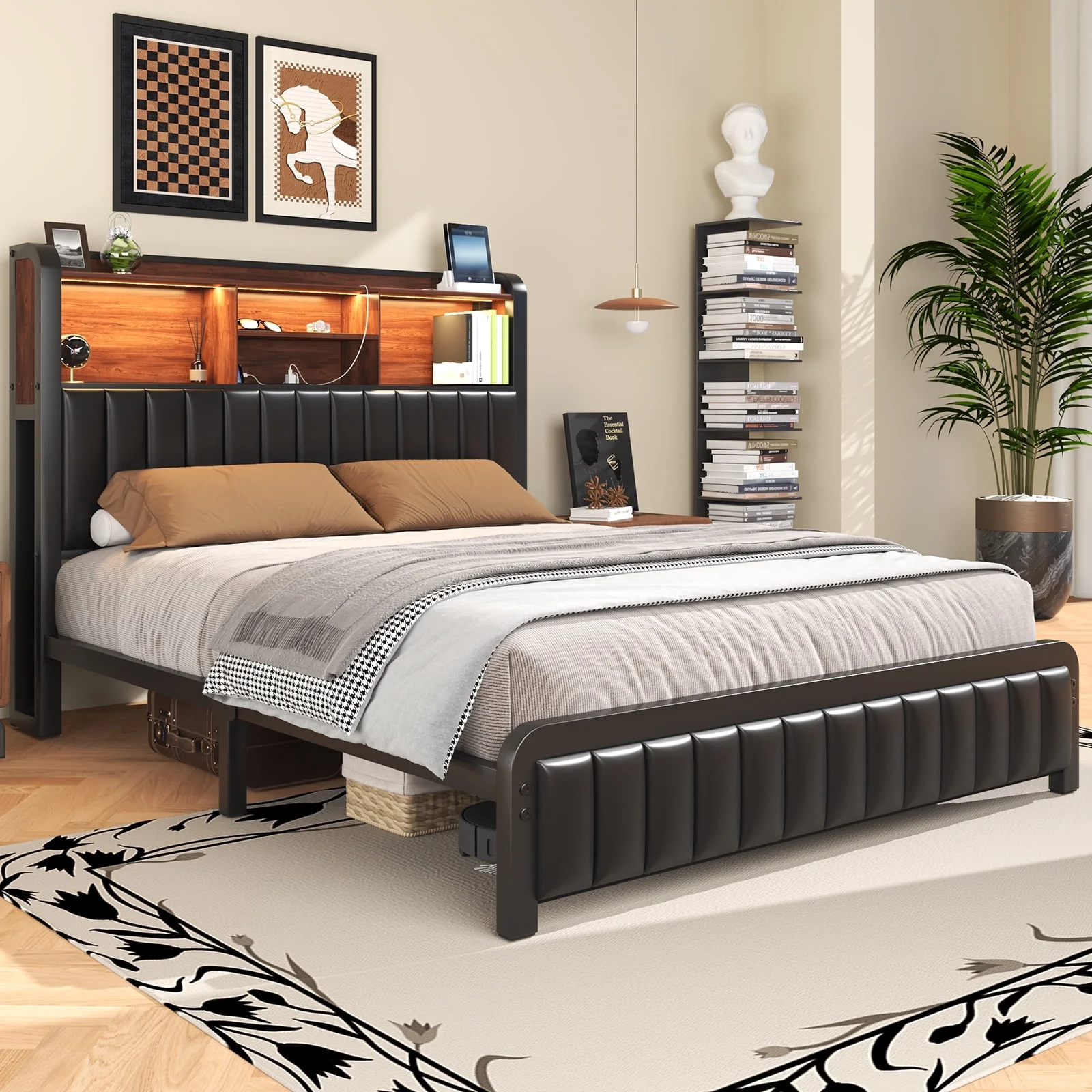 Queen Size Bed Frame with Storage Headboard and LED Lights, Metal Platform Bed with Charging Station, Heavy Duty Metal Frame Support, PU Leather, Black