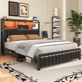 thumbnail image 6 of Full Size Bed Frame with Storage Headboard and LED Lights, Metal Platform Bed with Charging Station, Heavy Duty Metal Frame Support, PU Leather, Black, 6 of 9