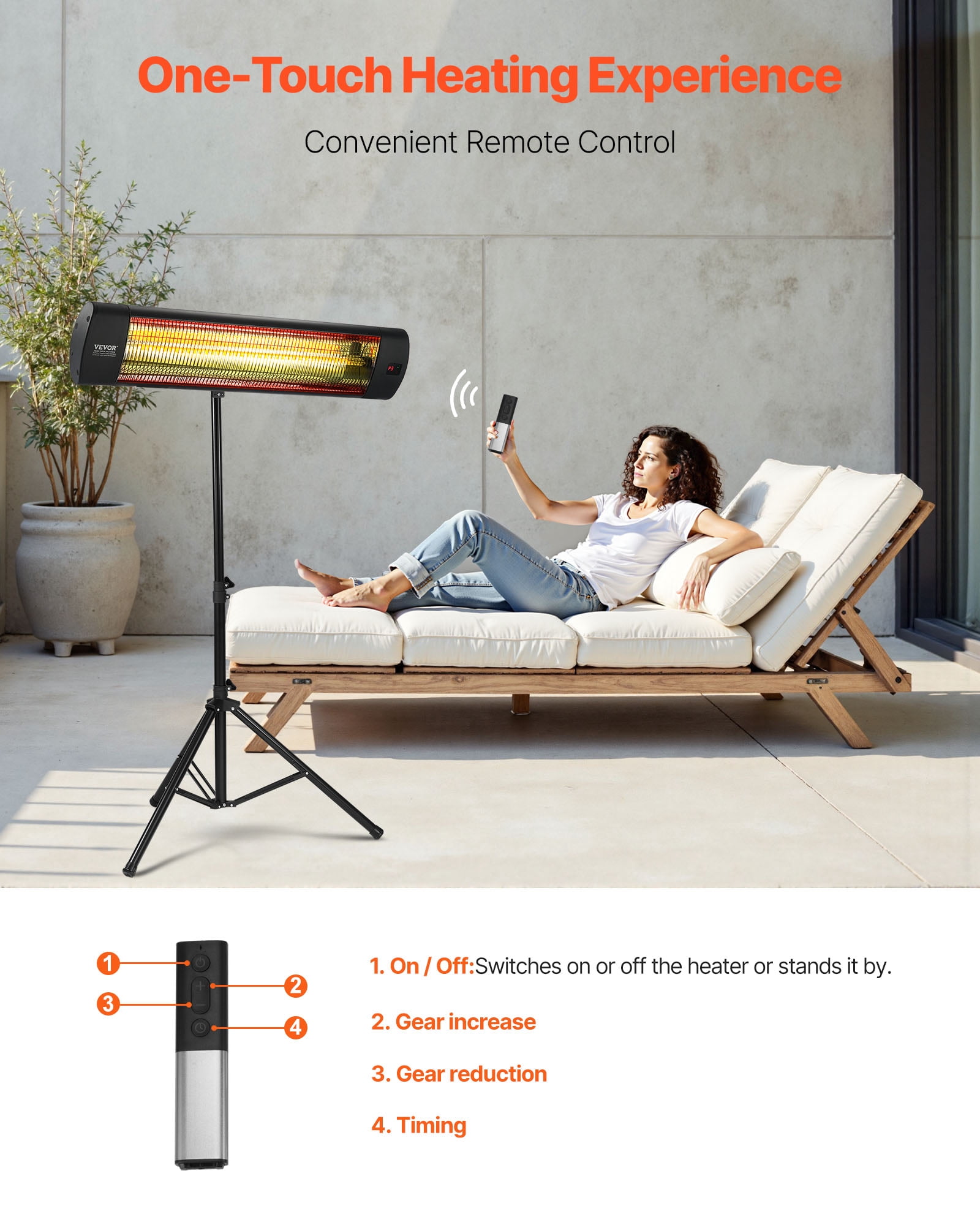 VEVOR Infrared Heater, 1500W Electric Space Heater with Remote Control, LED Screen w/ 3 Speeds & Timer, Outdoor/Outdoor for Patio,Porch,Dining Room,Studio