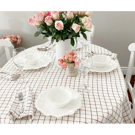 

All Cotton and Linen Round Tablecloth (Black and Red Grid) - 100% Linen Tablecloth for Round Tables