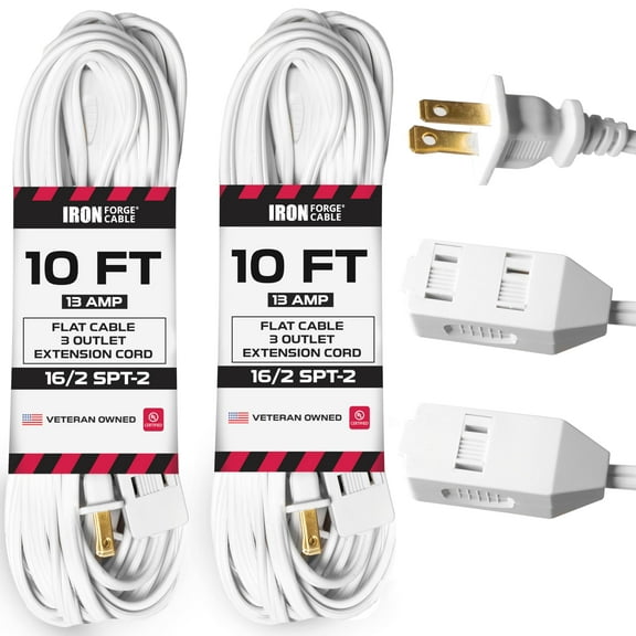 Iron Forge Cable 2 Pack 10 ft White Extension Cord with 3 Outlets - 16/2 SJTW 2 Prong Indoor Extension Cord with Multiple Outlets