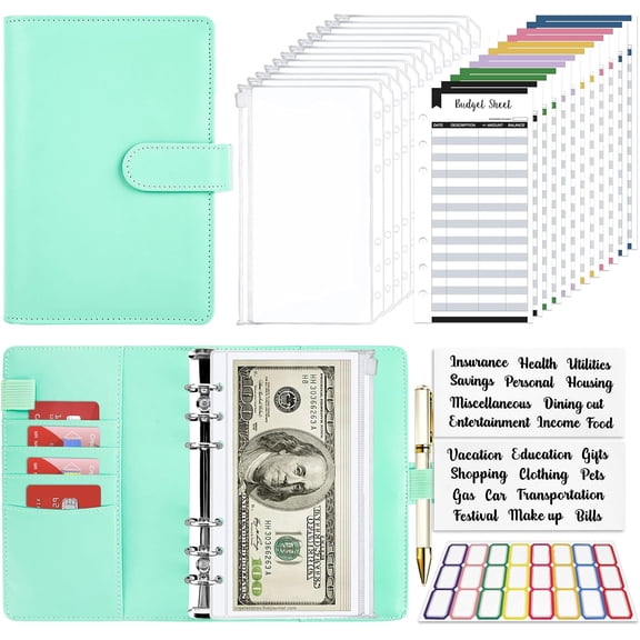 Budget Organizer - 28 count Zipper Binder with  Envelopes (Green)