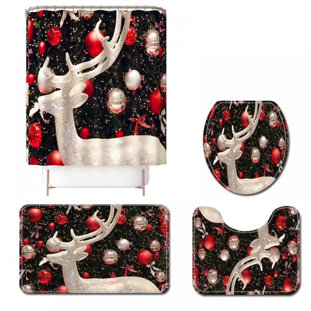 4Pcs/set Christmas Shower Curtain Bath Mat Toilet Cover Mat Rug