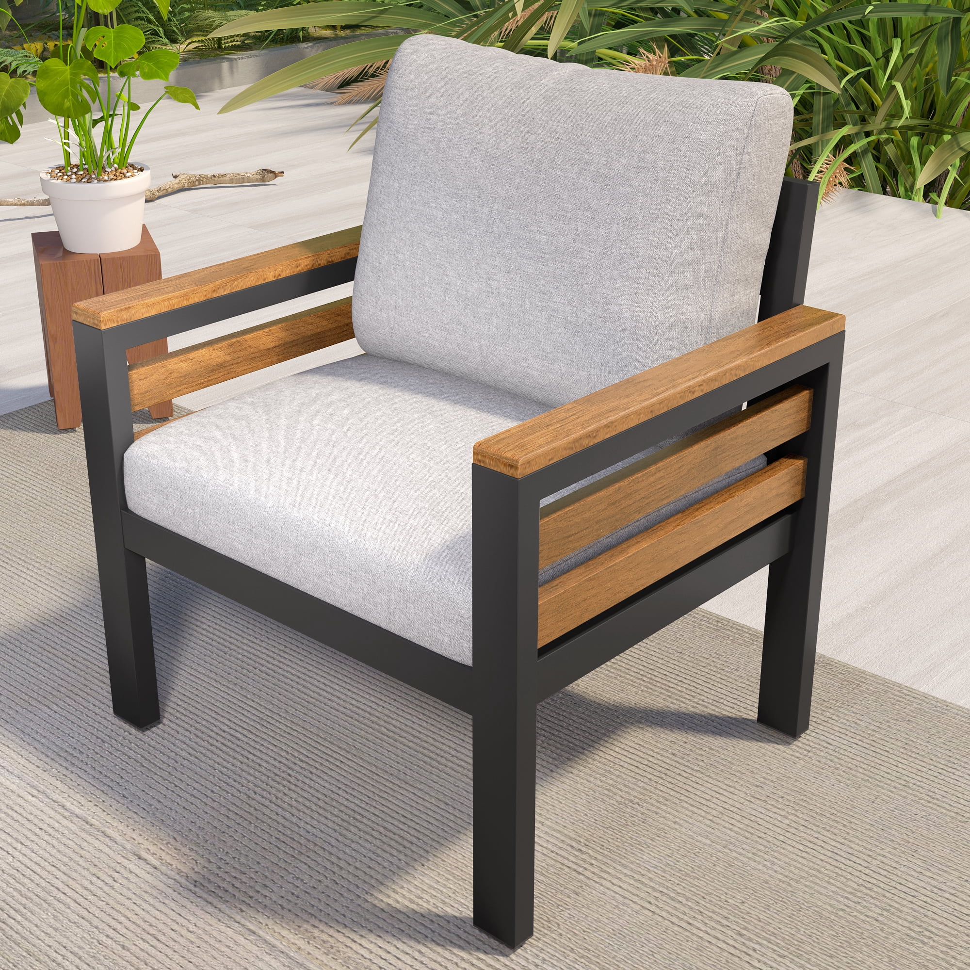 4-Piece Outdoor Patio Conversation Set, Modern Iron Patio Furniture Set for 5 People with Acacia Wood Armrests Removable Cushion and Solid Wood Coffee Table for Garden and Backyard, Beige