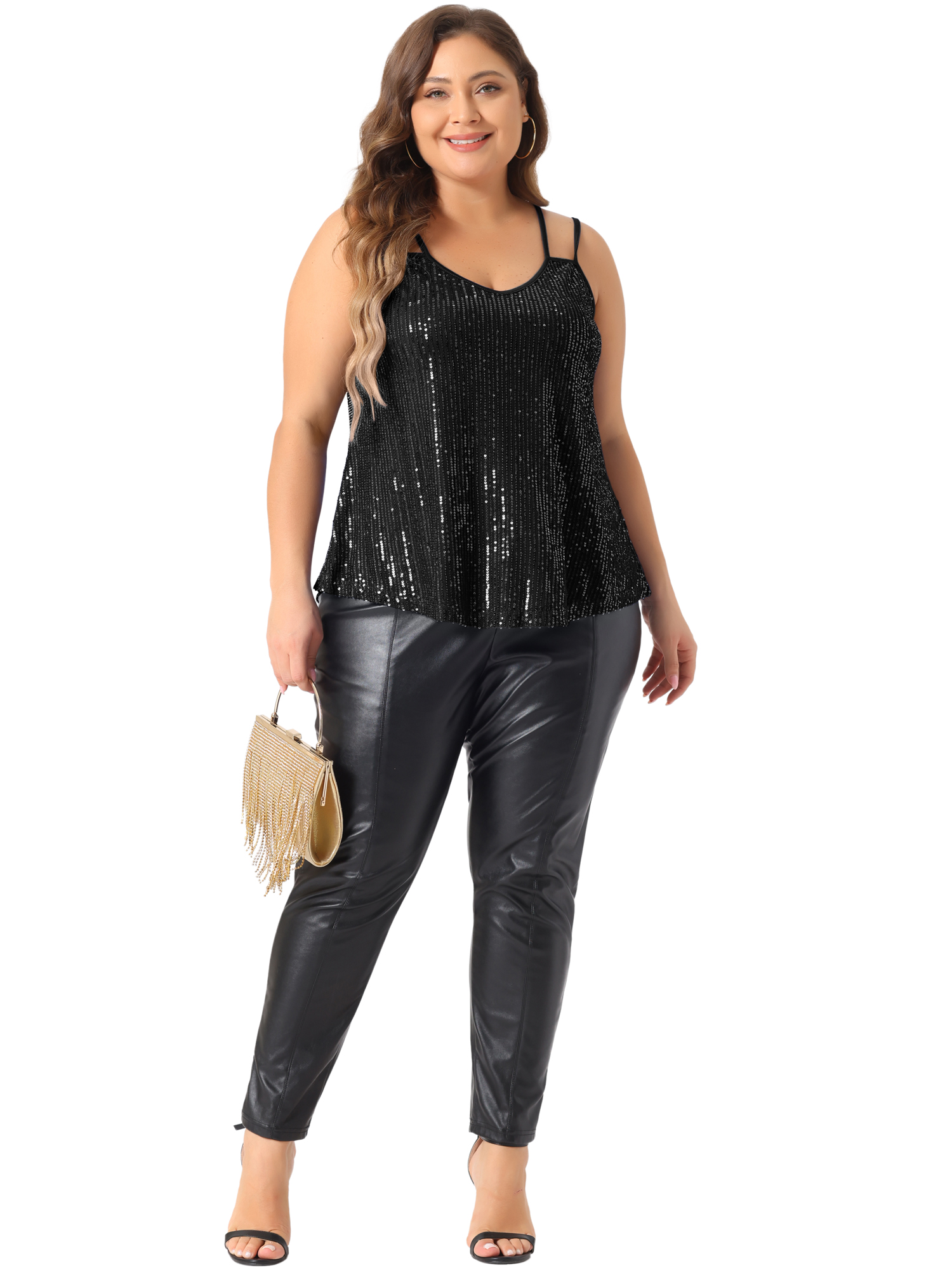 DARING DIVA Women's Plus Sequin Cami Tank Tops with Spaghetti Straps 4X Black