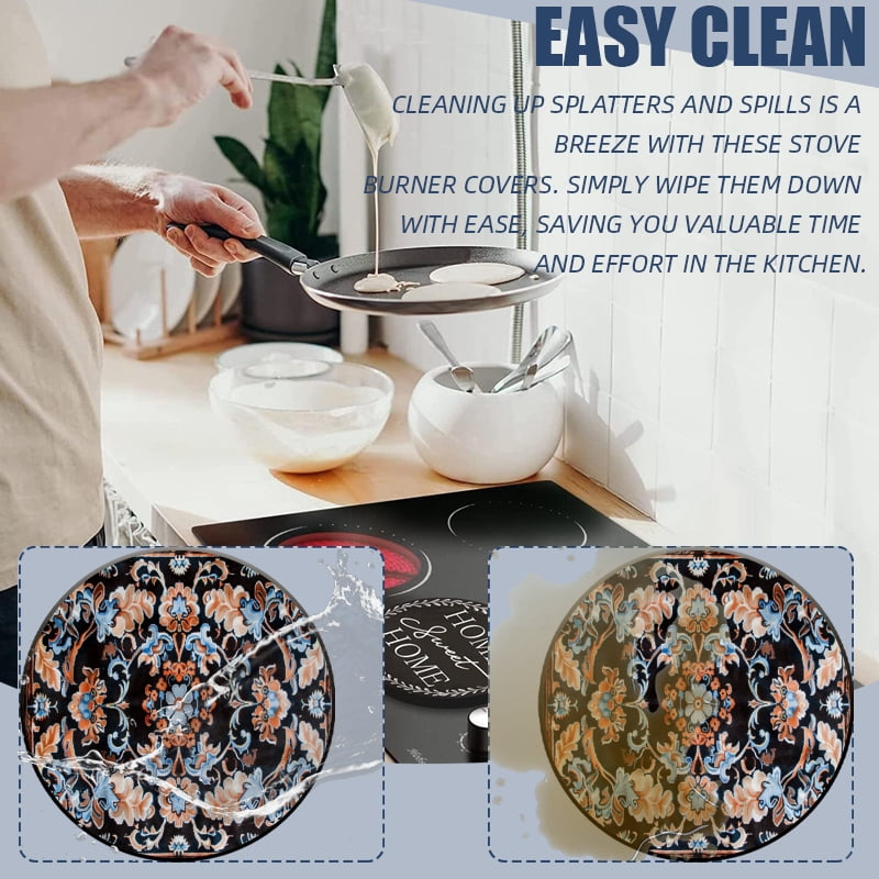 Round Burner Covers for Electric Stove, Bohemia Vintage Chic Floral Decorative Metal Stove Burner Cover Kits Set of 4 for Kitchen, 8 Inches and 10 Inches