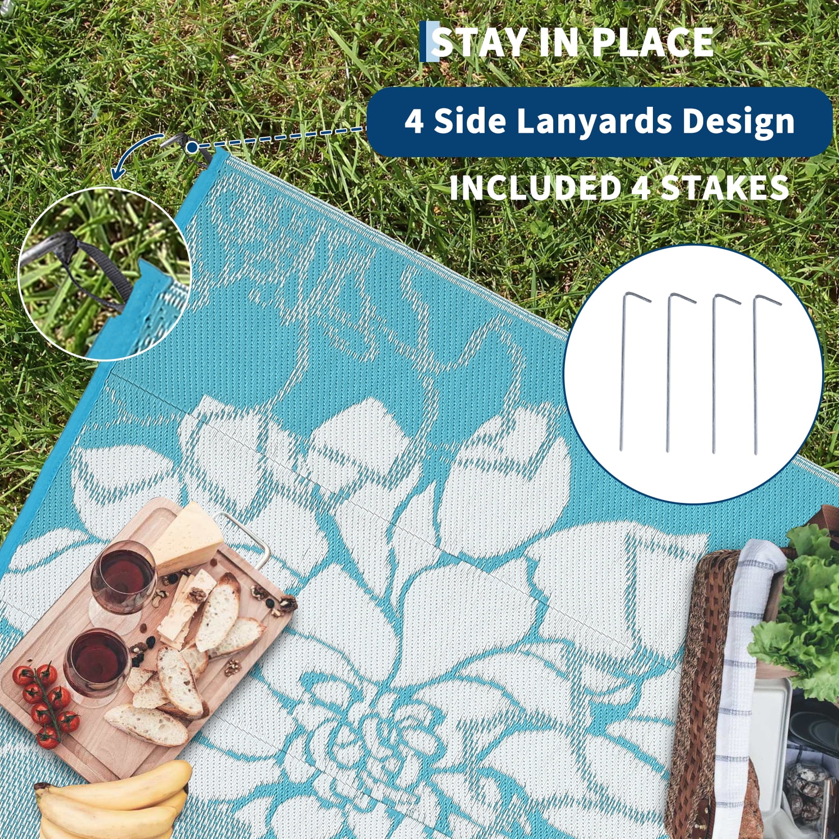 Hasoo 9' x 18' Light Blue Outdoor Rug for Patio Decor Waterproof Plastic Straw Modern Geometric Carpet PP Tube Woven Portable Camping Mat for Picnic Balcony