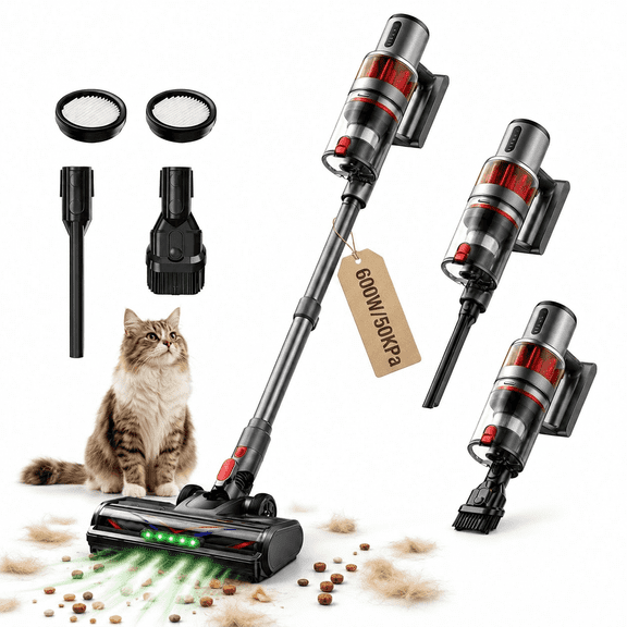 Cordless Vacuum Cleaner, 600W 50KPa Stick Vacuum for Home Hardwood Floor Carpet Pet Hair, 4-in-1 Lightweight Handheld Vacuum with LED Brush, 60 Min Runtime, Self-Standing, Gray