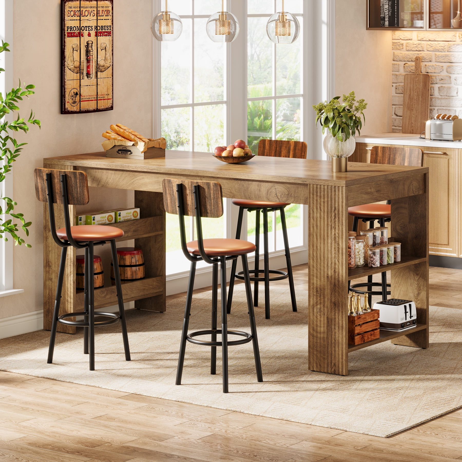 Finmind Kitchen Island with Storage, 63-inch Farmhouse Large Stationary Island Table with Double-Sided Storage Shelves for Kitchen, Dining Room, Living Room, Brown