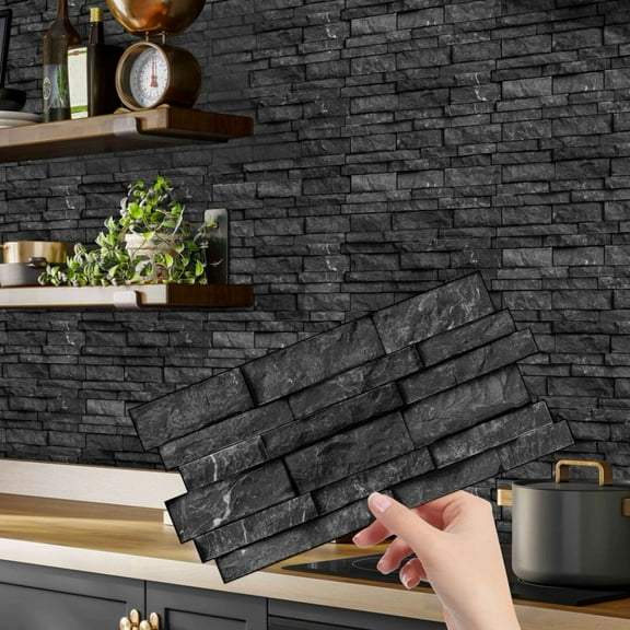 12Pcs Self Adhesive Kitchen Backsplash Tiles Stickers Wall Decals 4.72 x 9.68inch Stone Brick DIY Decor Peel and Stick Tile Drak Gray