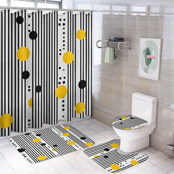 4 Pcs Shower Curtain Sets Bathroom Sets with Curtain Rug Toilet Cover And U Shaped Mat Yellow And Black Dots Stripes Waterproof Shower Curtain Vector Polka Dot Illustration for Bathroom Decor Set