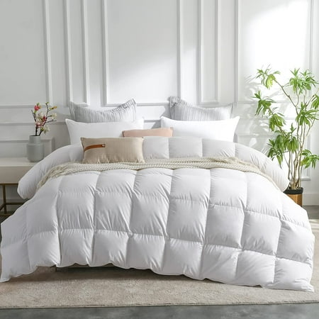 

QIANSHANYIMEI White Goose Down Comforter Queen Size 90x90 inches 50 oz Fill Weight 750 Fill Power 100% Cotton Duvet Cover Warm Winter Machine Washable 3D Baffle Box Highly Fluffy White