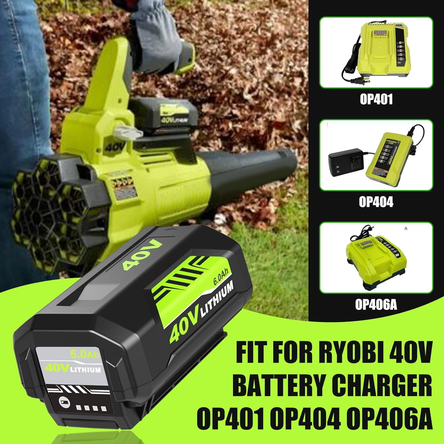6.0Ah 40V OP4040 Lithium-lon Replacement for Ryobi Battery 40V Compatible with Ryobi Battery OP4050A OP40201 OP4026 OP40261 OP4030 OP40301 OP4050 OP4060
