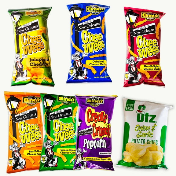 Elmer's Chee Wees Cheese Curls Variety Pack - BBQ, Jalapeño, Original, Hot-N-Spicy, Green Onion, Creole Crunch Popcorn - Utz Onion & Garlic Potato Chips 2.75oz – 7 Items