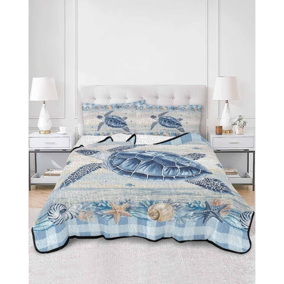 Quilts Full Size, Blue Sea Turtle Coastal Soft Comforter Bedding Set for Bed, Summer Beach Coral Starfish Shell Lightweight Quilted Bedspread with Pillow Cover(2 Pieces) for All Season, 78x90 Inch
