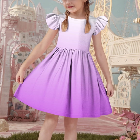 Girls Midi Dresses Size 3-14 Ruffle Cap Sleeve Crewneck Teens Kids Cute Gradient Printed A-Line Pleated Beach Dress 2025