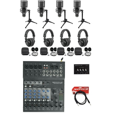Rockville 4-Person Podcast Podcasting Kit w/USB Mixer/Interface Mics Headphones