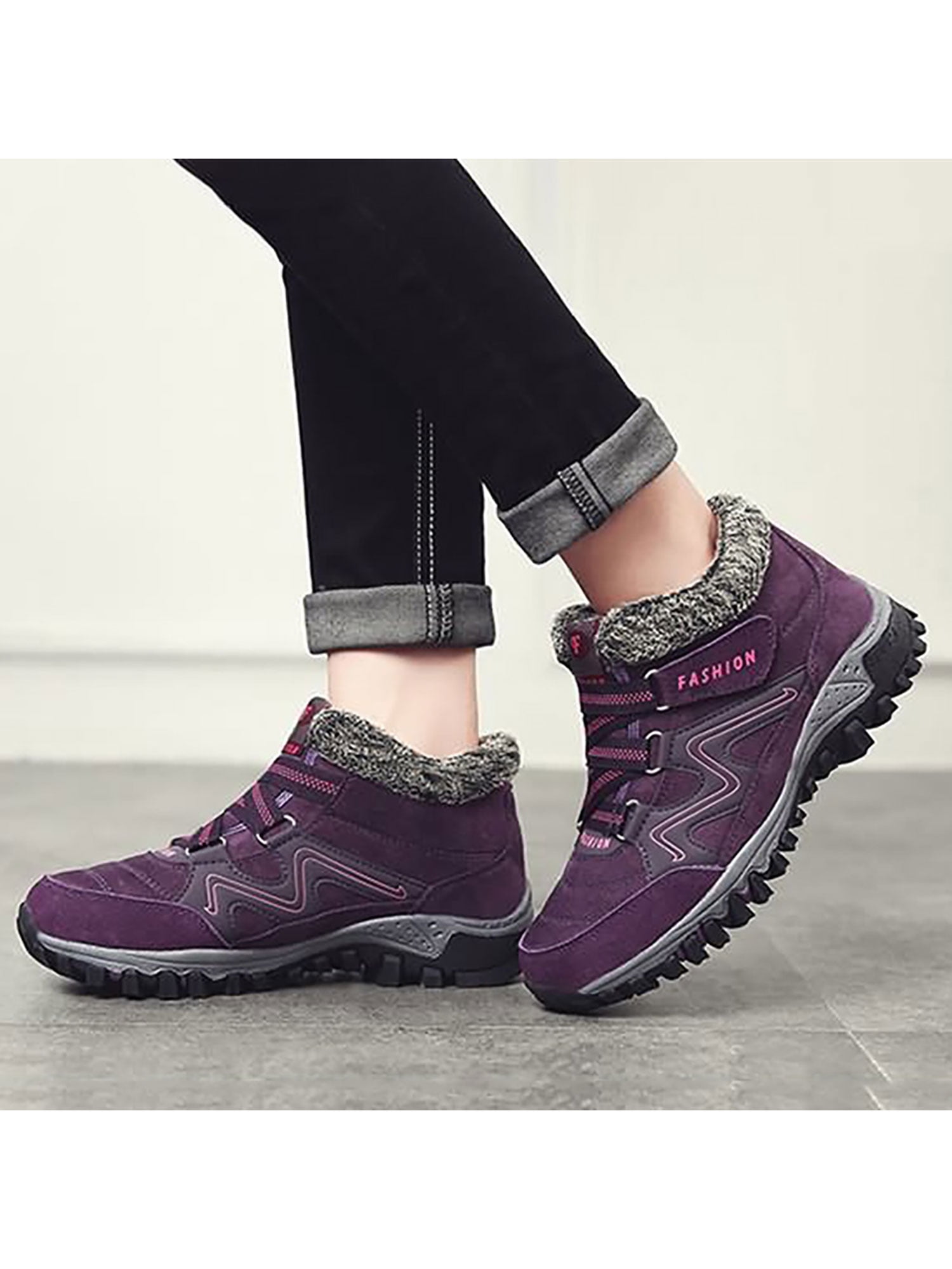 Audeban Women's Hiking Shoes, High Top Sneaker Winter Warm Hook Loop Snow Shoes Fur Lining Suede