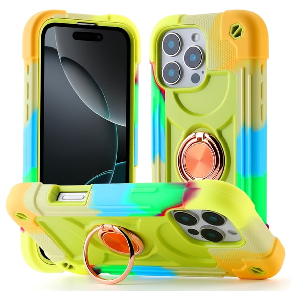 ShellTech Compatible with iPhone 14 Pro Max Rubber Hybrid Armor Case Built-in 360°Rotating Ring Stand, Military Grade Drop Protection Full Body Rugged Heavy Duty Durable Cover,G Yellow Green