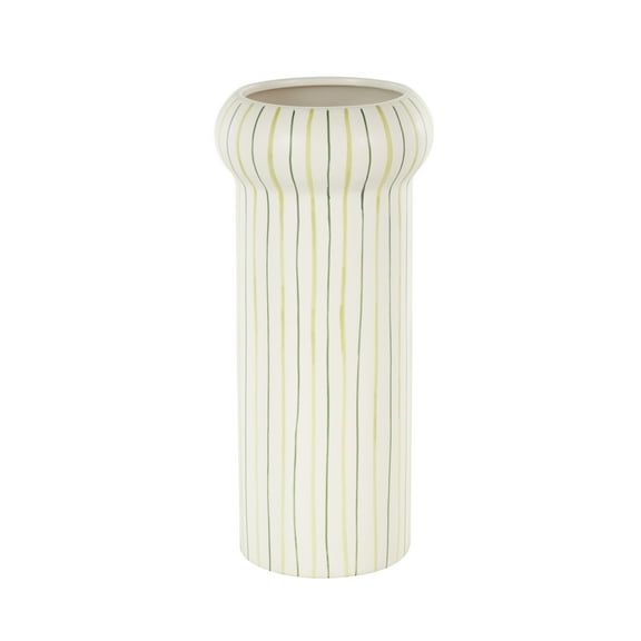 DecMode 12" Abstract Round White Ceramic Vase with Green Linear Patterns