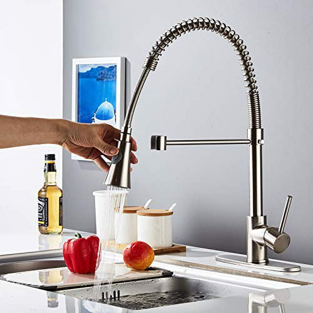 Yundoom Pull-Down Kitchen Faucet With Sprayer - Brushed Nickel 2 Handle, High Arc Farmhouse Sink Faucet