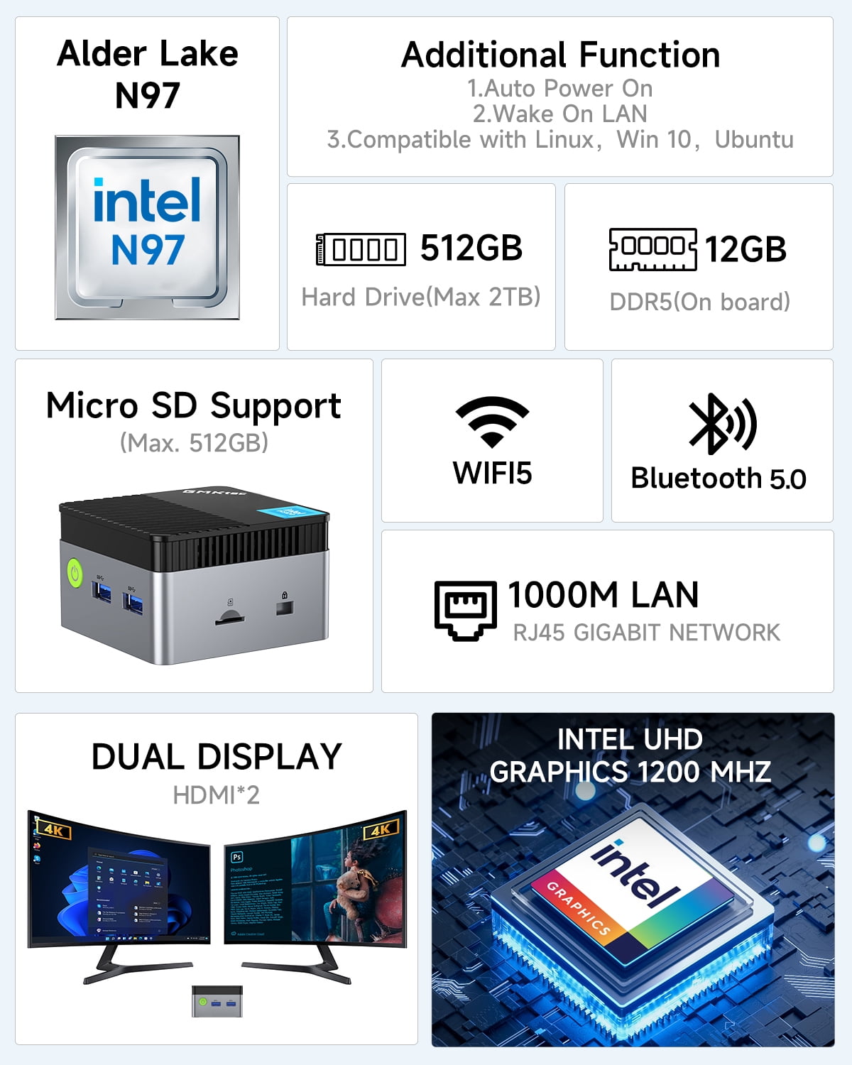 GMKtec Mini PC, 12GB RAM, 512GB SSD, Intel N97 3.6GHz, 4K Dual