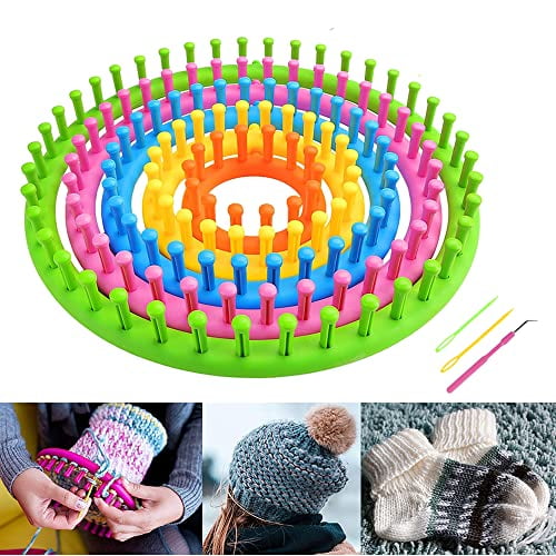 Round Knitting Looms Set Craft Kit DIY Tool with Hook Needle,Set of 5 Plastic Looms Knitting for Hat Scarf Shawl Sweater Sock and Blankets
