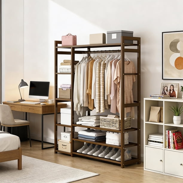 Closet para Ropa, Closet Armables para Ropa con 8 Compartimentos de Almacenamiento, Perchero de Bambú con Estantes, Adecuado para Dormitorio y Vestidor (Marrón)