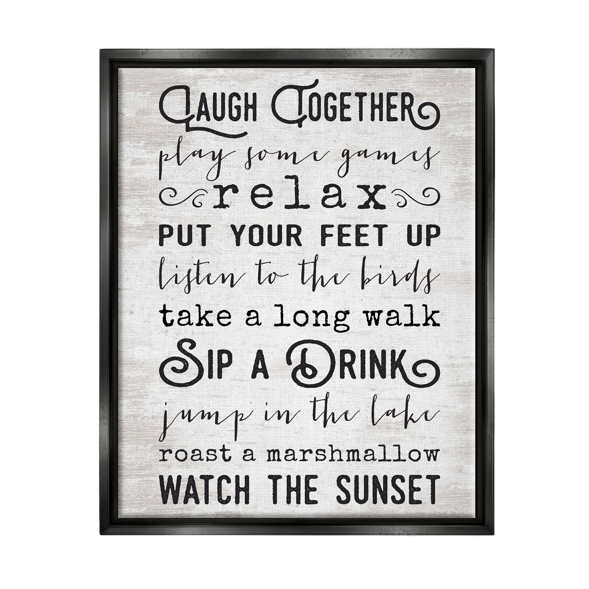 Stupell Industries Lake Rules Relaxing List Rustic Weathered Pattern Graphic Art Luster Gray Floating Framed Canvas Print Wall Art, Design by Lettered and Lined