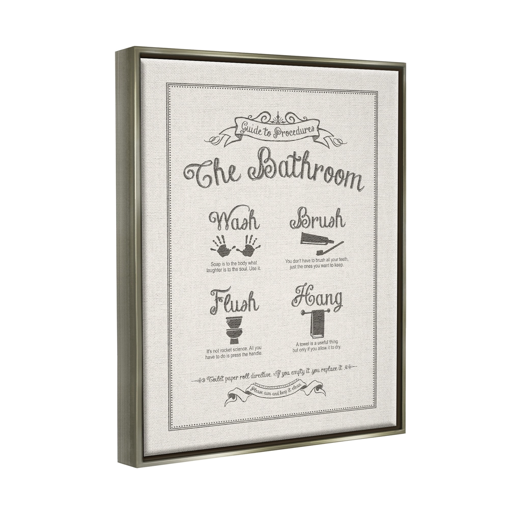 Stupell Industries Guide To Bathroom Procedures Linen Look Jet Black Framed Floating Canvas Wall Art, 24x30, by Lettered and Lined
