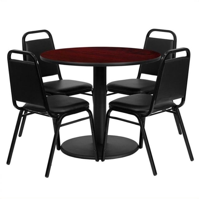 Flash Furniture 36Rd Laminate Table Set-Bnqt In Mahogany Top Black Vinyl Seat