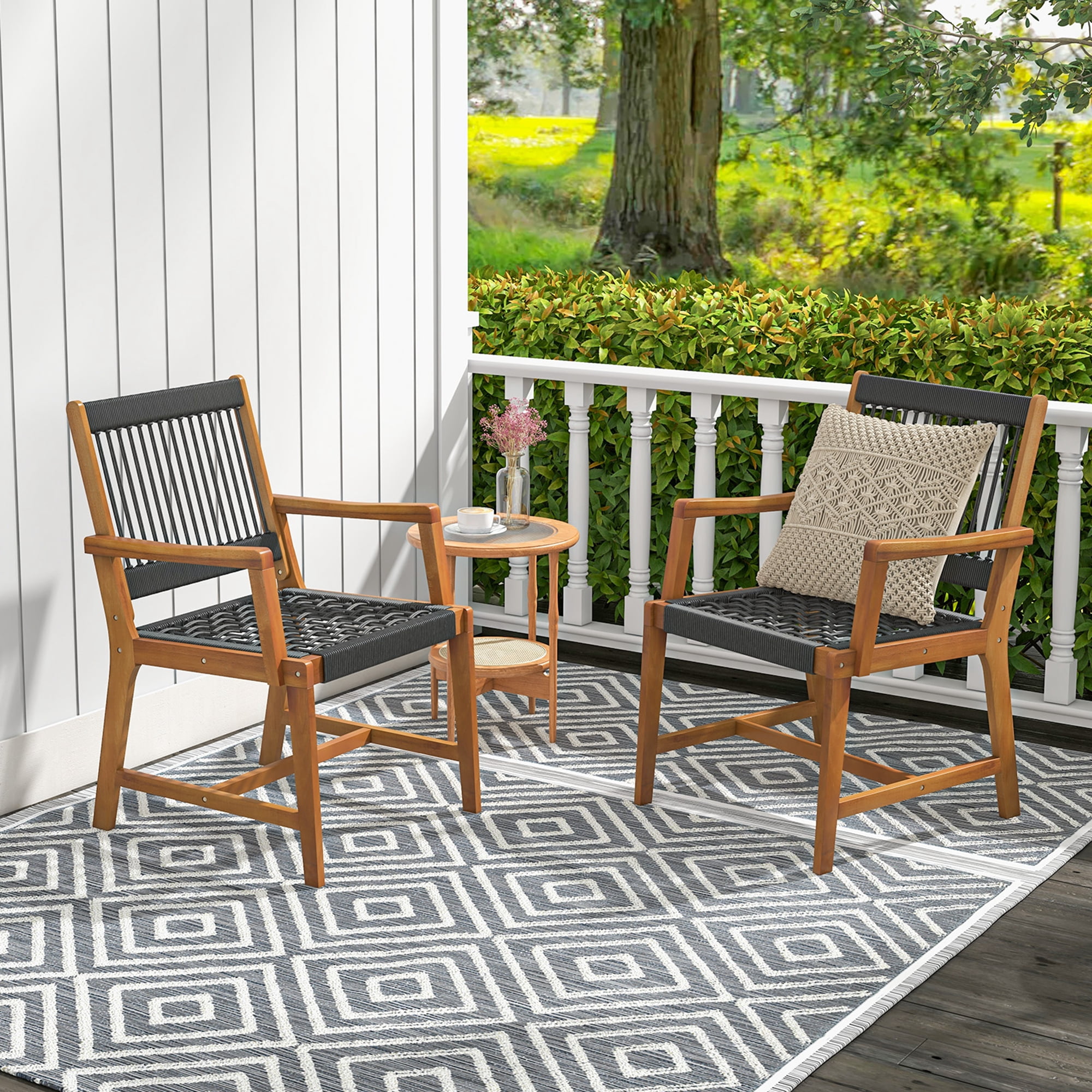 Costway Patio 2pcs Acacia Wood Dining Chairs All-Weather Rope Woven Armchairs Outdoor