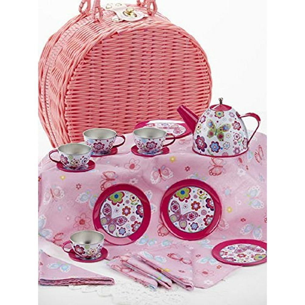 delton products tin tea set with real pouring teapot in wicker basket, nonbreakable dishes