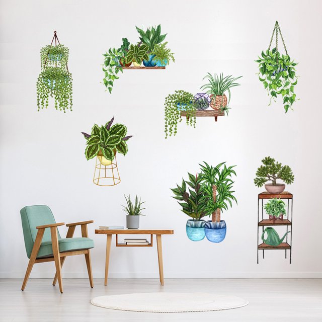 RV Pegatinas de plantas para ventanas, pegatinas de flores para ventanas, arte de pared de cactus en maceta, calcomanías decorativas con patrones de plantas colgantes, 7 piezas para sala de estar, dormitorio, puerta de vidrio Rojo Verde