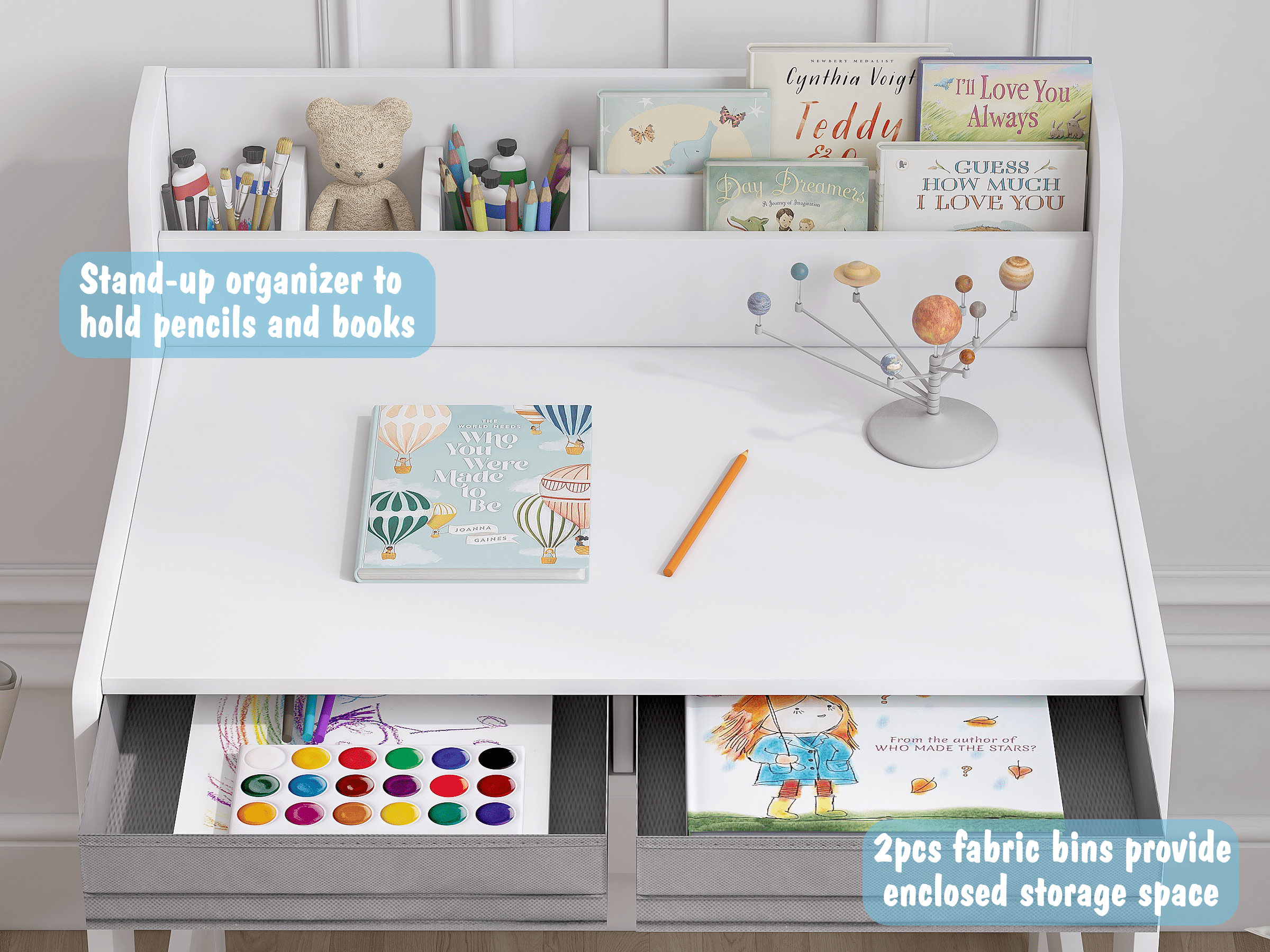 STAROUS Kids Study Desk with Storage Bin, White Activity Table and Chair Set